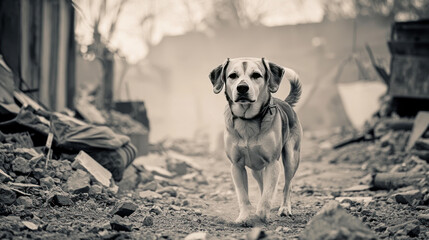 rescue dog navigating debris in disaster zone, showcasing bravery and determination