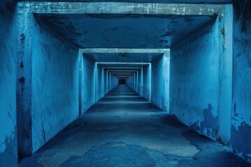 Obraz premium Exploring a Long Abandoned Tunnel Illuminated by Deep Blue Lighting at Dusk