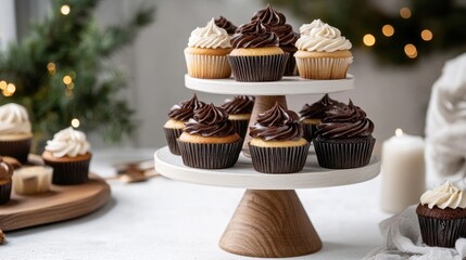 Deliciously Decorated Cupcakes on a Stylish Stand with Creamy Frosting Ideal for Parties, Celebrations, or Dessert Tables in a Cozy Holiday Setting