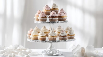 Elegant Display of Assorted Cupcakes on a Two-Tiered Stand Surrounded by Delicate Petals and Soft Drapery for a Celebratory Occasion