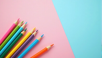 colored pencils, art supplies, creativity, vibrant shades, pastel background, arranged diagonally, minimalist composition