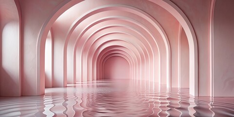 Fototapeta premium Serene Pink Architectural Hallway Flooded with Reflective Water