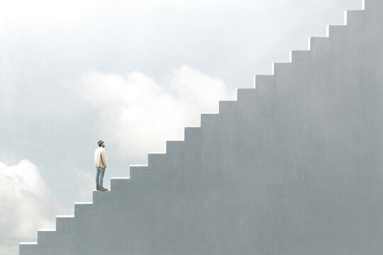 illustration of man rising stairs to reach the success, challenge concept