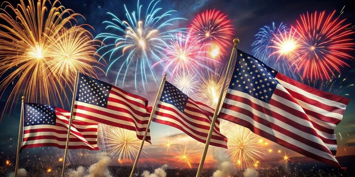 Celebrating the Fourth of July with fireworks and American flags, patriotic, USA, United States, birthday