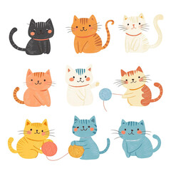 Fototapeta premium Nine Adorable Kittens Playing with Yarn: A Delightful Collection of Cute Cat Illustrations