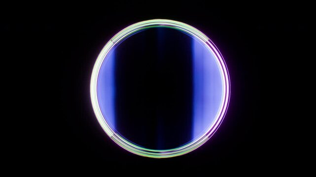 Abstract geometric animation with dispersion glass circle shape from iridescent holographic material. Modern minimalistic 4k motion seamless background.