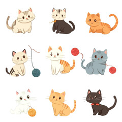 Obraz premium Adorable Collection of Nine Cute Cartoon Kittens Playing with Yarn