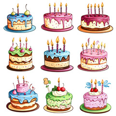 Nine Delicious Birthday Cakes with Candles