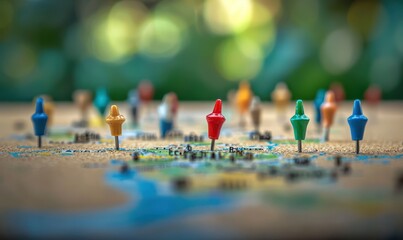 A detailed view of a map with various colorful pins pushed into the cork board, representing travel destinations. The blurred background adds focus to the pins and their locations.