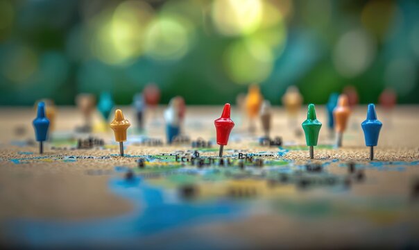 A detailed view of a map with various colorful pins pushed into the cork board, representing travel destinations. The blurred background adds focus to the pins and their locations.