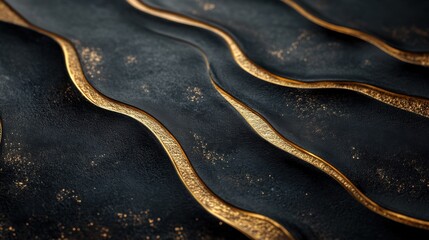 Fototapeta premium Elegant golden waves gracefully ripple across a dark textured surface, creating a mesmerizing visual contrast at dusk