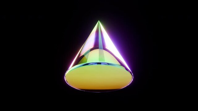 Abstract geometric animation with dispersion glass cone shape from iridescent holographic material. Modern minimalistic 4k motion seamless background.