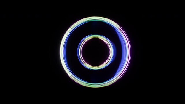 Abstract geometric animation with dispersion glass circle shape from iridescent holographic material. Modern minimalistic 4k motion seamless background.
