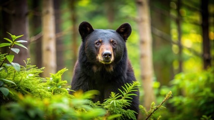 Naklejka premium American black bear in a lush forest setting , wildlife, mammal, nature, wilderness, habitat
