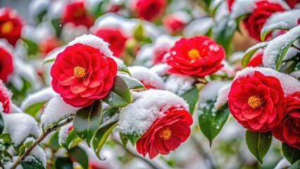 Winter's touch delicately blankets vibrant red camellia flowers in a gentle snowfall , winter, touch, vibrant, red, camellia