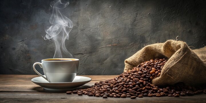 Aromatic Coffee Cup with Steaming Brew and Roasted Beans Spilled from Burlap Sack on Rustic Wood