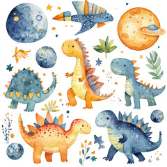 Adorable Watercolor Dinosaurs in Space: A Cosmic Nursery Print