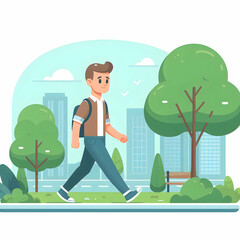 Flat Man Leisurely Walk Park Relaxation Vector Illustration with Ample Copy Space for Text and Branding