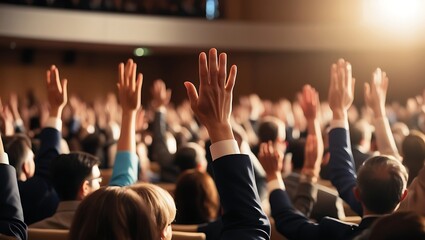 A large crowd of people raises their hands in unison at an outdoor event, creating an energetic and communal atmosphere. The image reflects unity and shared excitement