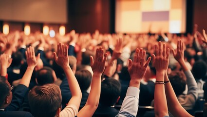 A large crowd of people raises their hands in unison at an outdoor event, creating an energetic and communal atmosphere. The image reflects unity and shared excitement