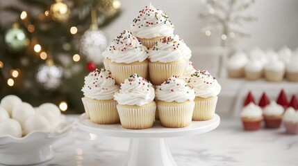 Festive Cupcakes with Whipped Frosting and Colorful Sprinkles Displayed on a White Cake Stand Surrounded by Christmas Decorations and Lights