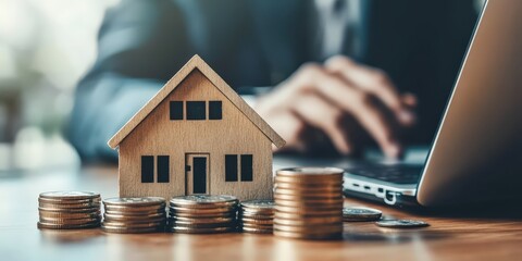 Real Estate Agent Using Laptop to Display Property Listings with Model House and Coins in a Professional Setting