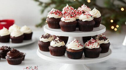 Delicious Chocolate Cupcakes with Creamy Frosting and Festive Sprinkles on a Tiered Stand Surrounded by Holiday Decorations and Warm Lights
