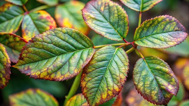 Macro close-up of rose leaves infected with Rust fungus Phragmidium fungus, rust fungus, Phragmidium