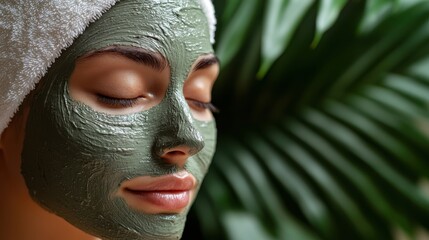 A woman with a green facial mask relaxes amidst lush foliage.