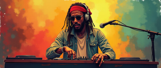 Male raggae DJ man on International Reggae Day. Ragga Jamaican dance music black DJ
