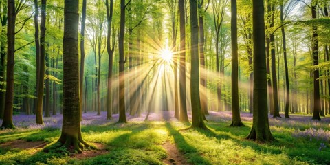 Obraz premium Silent forest in spring with bright sun rays filtering through the trees, nature, woods, peaceful, tranquility, sunlight