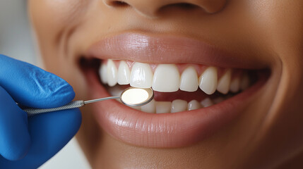 Close-up of a smiling patient during a dental examination, showcasing bright, healthy teeth with a dental mirror in view.