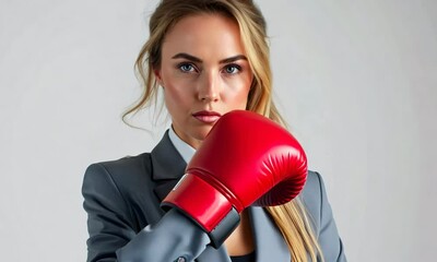 young woman in suit with red boxing gloves stands in attack or defense pose symbolizes serious struggle in business, determination, success, strength, challenge, power - Powered by Adobe