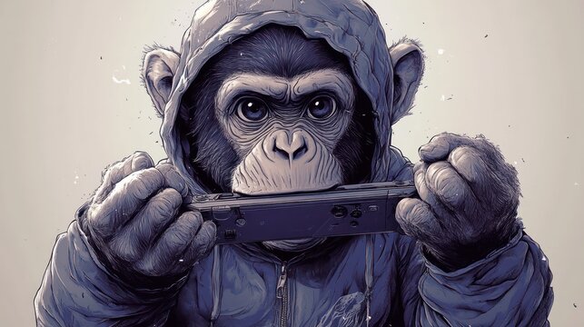 A stylized monkey in a hoodie playing a handheld gaming device.
