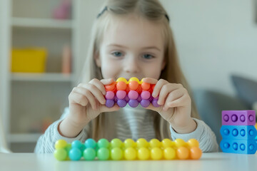 Portrait of a Happy Little Girl Playing with a Pop-It Toy in the Children's Room, Holding Colorful Pop-Its in Her Hands