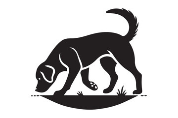 silhouette of a Labrador Retriever sniffing the ground attentively.