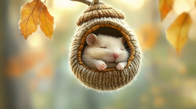 Cute white mouse sleeping peacefully inside a cozy acorn-shaped house hanging from a tree branch in autumn.