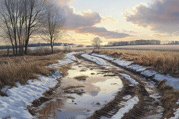 Scenic winter landscape with muddy path and snow-covered fields at sunset