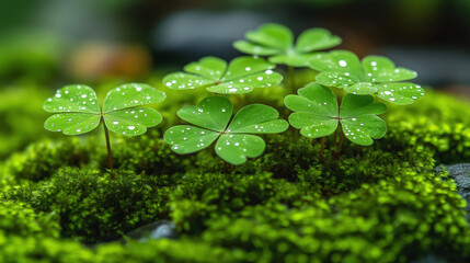 A close-up of fresh green four-leaf clovers covered in dewdrops, growing on vibrant moss in a serene natural setting.