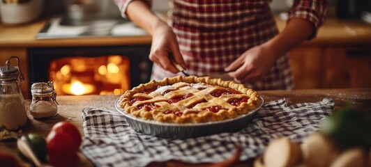 Fototapeta premium Homemade Cherry Pie: A Warm and Delicious Treat