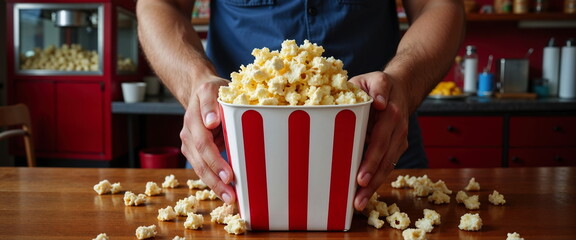 Hands holding large popcorn bucket in cinema snack bar
