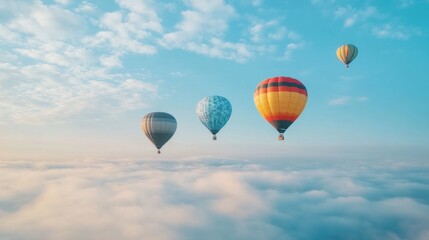 Obraz premium A group of colorful hot air balloons rising into the sky, symbolizing joy and adventure..