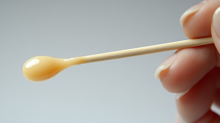 A hand holding a wooden stick with a droplet of yellow substance at its tip.
