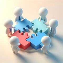 3D Soft abstract background with team members connecting puzzle pieces copy space below. concept as Team members connecting puzzle pieces on a soft abstract background representing unity and collabora