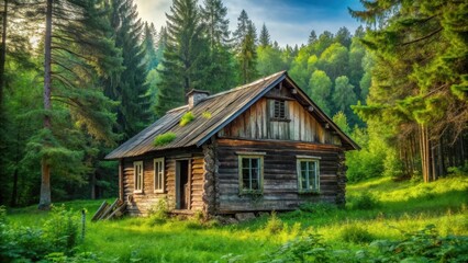 Abandoned wooden house in village surrounded by green forest , ruined, frightening, old, rundown, spooky, eerie, deserted