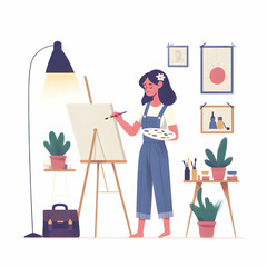 Flat Woman Painting in Bright Studio Space for Artistic Self-Expression and Self-Care Branding Opportunity