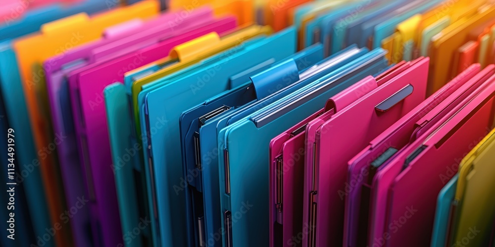 Poster futurist abstract representation of colorful network grid with organized files and folders in vibran