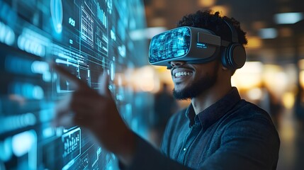 Happy businessman in VR goggles gesturing at a holographic virtual interface, bright office setting