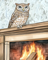 Owl perched on fireplace mantel above burning fire.