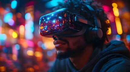 Professional seated at a desk wearing VR goggles, actively interacting with virtual holograms, colorful tech environment